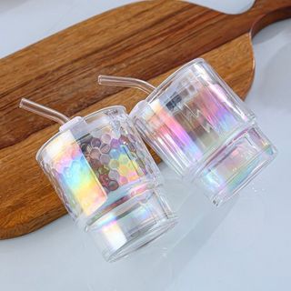 🍀 LY THUỶ TINH CẦU VỒNG KÈM ỐNG HÚT 🍀 Nắp chống tràn, Thủy tinh dày dặn (400ml)