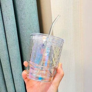 🍀 LY THUỶ TINH CẦU VỒNG KÈM ỐNG HÚT 🍀 Nắp chống tràn, Thủy tinh dày dặn (400ml)