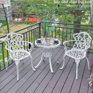 Bộ bàn tròn café sân vườn ban công mặt đá khung nhôm 2 ghế có tay nhập khẩu HCM TE2036-60A CC2014-A giá sỉ