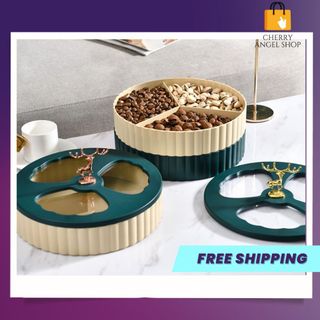 Khay Đựng Bánh Kẹo Mứt Tết 2 Tầng Phong Cách Châu Âu Tay Cầm Hình Hươu Vàng Có Nắp Đậy Bảo Vệ Đồ Ăn - cherryangle