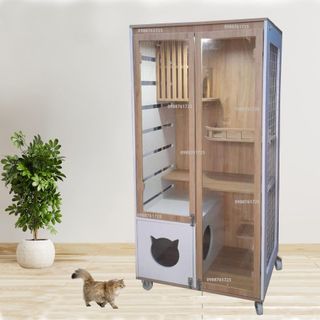 Chuồng Mèo Gỗ MDF Cốt Lõi Xanh Chống Ẩm, Nhà Cho Thú Cưng Màu Trắng & Vân Gỗ