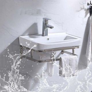 Lavabo treo tường màu trắng sứ kèm kệ treo inox