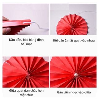 HL119-Set quạt trang trí tết nguyên đán decal dán tường bộ 6 quạt giấy đỏ decor nhà cửa dịp lễ tết cổ truyền phòng cưới