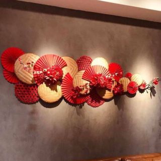 HL119-Set quạt trang trí tết nguyên đán decal dán tường bộ 6 quạt giấy đỏ decor nhà cửa dịp lễ tết cổ truyền phòng cưới