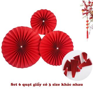 HL119-Set quạt trang trí tết nguyên đán decal dán tường bộ 6 quạt giấy đỏ decor nhà cửa dịp lễ tết cổ truyền phòng cưới