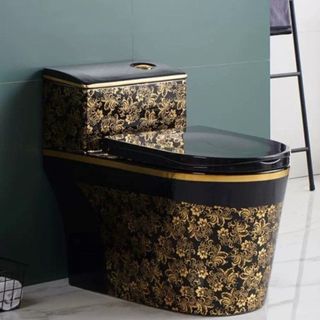 Bồn cầu màu đen hoa văn bông vàng kiểu cấu trúc 1 khối sang trọng, nước xả mạnh mã 03HT