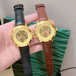 Đồng hồ da chạy cơ máy vàng nam