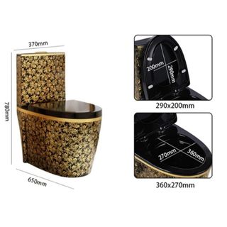 Bồn cầu màu đen hoa văn bông vàng thân cao, kiểu cấu trúc bồn cầu 1 khối sang trọng, nước xả mạnh mã 04HT