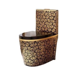 Bồn cầu màu đen hoa văn bông vàng thân cao, kiểu cấu trúc bồn cầu 1 khối sang trọng, nước xả mạnh mã 04HT