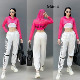 Set 3 mon Áo Tank chất thun lưới dài tay có mũ, Bra trơn, quần khoá gối chất xi gió