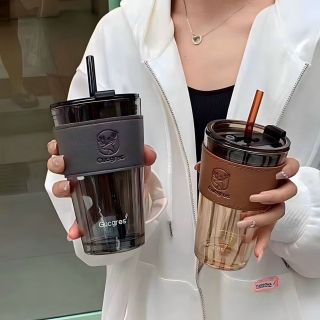 Cốc thuỷ tinh bọc da kèm ống hút siêu xinh