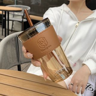 Cốc thuỷ tinh bọc da kèm ống hút siêu xinh