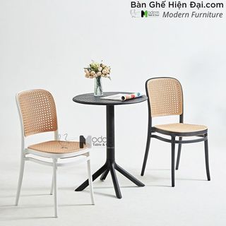 Bộ bàn tròn café tiếp khách chân trụ 4 ghế tựa lưng đan mây khung nhựa đúc nhập khẩu HCM TE1545-06S CC1565-S giá sỉ
