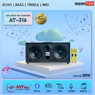 Loa Xách Tay 2 Đường Tiếng AT-316 Pro - Công Suất Lớn 200W, Bass Trầm 20cm. Bluetooth 5.0 Tốc Độ Cao, Đi Kèm 2 Micro Không Dây Đa Năng, Bảo Hành 12 Tháng.