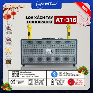 Loa Xách Tay 2 Đường Tiếng AT-316 Pro - Công Suất Lớn 200W, Bass Trầm 20cm. Bluetooth 5.0 Tốc Độ Cao, Đi Kèm 2 Micro Không Dây Đa Năng, Bảo Hành 12 Tháng.