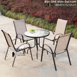 Bộ bàn tròn café sân vườn mặt kính 4 ghế tựa lưng vải lưới khung chân sắt nhập khẩu cao cấp HCM TE2020-06G CC2033-T giá sỉ