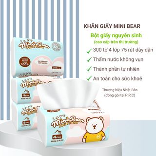 Lốc 100 Gói khăn giấy rút Minibear Nhật, giấy khô, giấy lau mặt, giấy vệ sinh 300 tờ 4 lớp, chất liệu thiên nhiên.