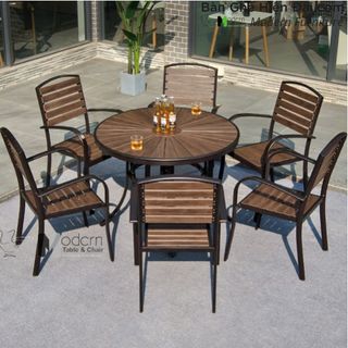 Bộ bàn tròn café ngoài trời sân vườn mặt gỗ nhựa 6 ghế có tay khung nhôm hiện đại HCM TE2041-100A CC2028-A giá sỉ