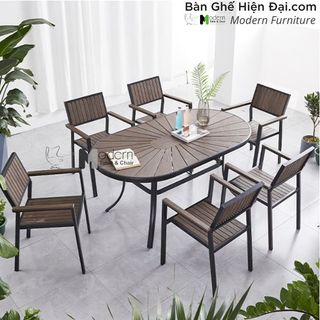 Bộ bàn Oval café tiệc ngoài trời mặt gỗ nhựa 6 ghế tựa lưng có tay vịn khung nhôm nhập khẩu HCM TE2042-150A CC2029-A giá sỉ