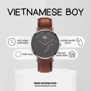 Đồng Hồ Nam - Thương Hiệu DRACO D22-ST03 "Vietnamese Boy" viền bạc dây da bò nâu