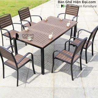 Bộ bàn café sân vườn ngoài trời 6 ghế tựa lưng gỗ nhựa có tay vịn nhập khẩu HCM TE2034-160A CC2028-A giá sỉ