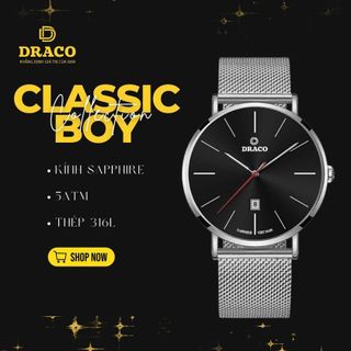 Đồng Hồ Nam - Thương Hiệu DRACO D21-ST02 "Classic Boy" đen dây lưới bạc