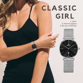 Đồng Hồ Nữ - Thương Hiệu DRACO D22-STN02 "Classic Girl" đen dây lưới trắng