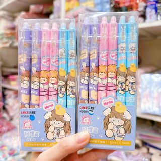 Set 12 bút bấm mực gel xanh -gôm tẩy được