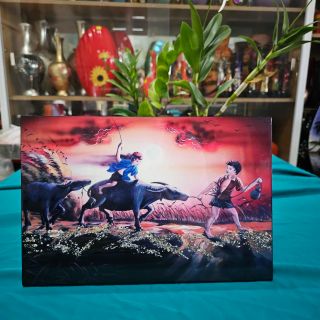 Tranh sơn mài đồng quê vẽ màu kết hợp cẩn vỏ trứng đẹp Thanh Bình Lê, hàng xuất khẩu 20x30 cm