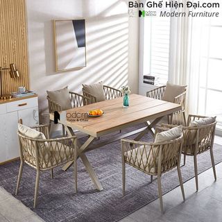 Bộ bàn café nhà hàng mặt gỗ nhựa khung nhôm 6 ghế tựa lưng đan dây có nệm ngồi nhập khẩu HCM TE2035-140A CC2030-A giá sỉ