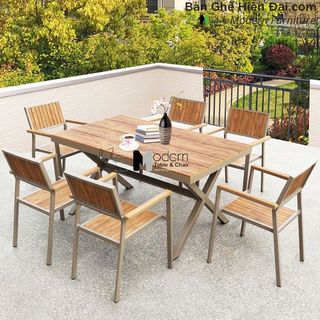 Bộ bàn café nhà hàng ngoài trời mặt gỗ nhựa 6 ghế có tay vịn khung nhôm đúc nhập khẩu HCM TE2035-140A CC2029-A giá sỉ
