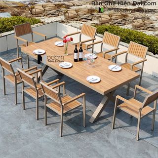 Bộ bàn ăn ngoài trời picnic mặt gỗ Polywood 6 ghế tựa lưng có tay vịn khung nhôm HCM TE2035-180A CC2029-A giá sỉ