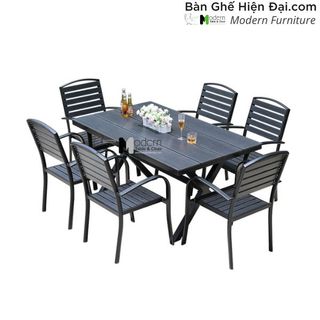Bộ bàn ăn nhà hàng chữ nhật mặt polywood chân nhôm 6 ghế cao cấp HCM TE2035-140A CC2028-A giá sỉ