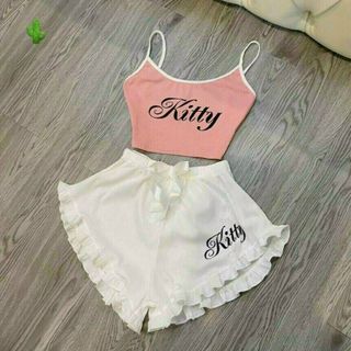 SET ĐỒ NỮ ÁO THUN CROPTOP 2 DÂY PHỐI QUẦN BÈO KITTY - AUSA HOUSE