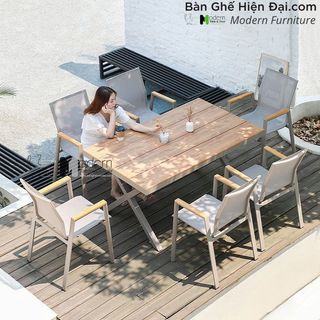 Bộ bàn café ngoài trời sân vườn mặt gỗ nhựa chân chữ X 6 ghế tựa lưng lưới khung nhôm nhập khẩu HCM TE2035-140A CC2027A giá sỉ
