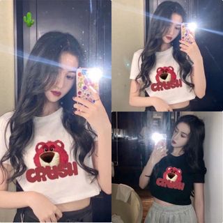 ÁO THUN NỮ CROPTOP CỔ TRÒN TAY NGẮN GẤU HỒNG CRUSH - AUSA HOUSE