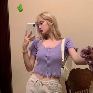 ÁO THUN NỮ CROPTOP PHỐI VIỀN REN ĐÍNH NÚT TAY LỠ - AUSA HOUSE