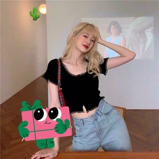 ÁO THUN NỮ CROPTOP PHỐI VIỀN REN ĐÍNH NÚT TAY LỠ - AUSA HOUSE