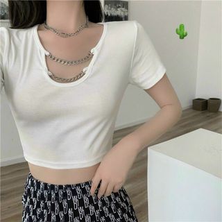 ÁO THUN NỮ CROPTOP CỔ TRÒN TAY NGẮN PHỐI XÍCH - AUSA HOUSE