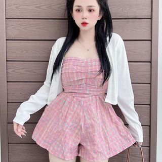 SET ĐỒ NỮ JUMPSUIT ỐNG CARO HỒNG XẾP LY PHỐI ÁO KHOÁC GÂN - AUSA HOUSE