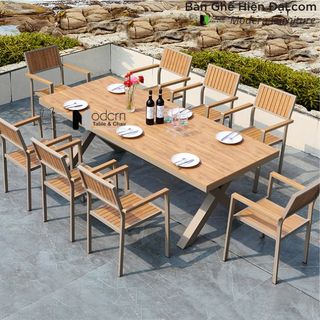 Bộ bàn ăn ngoài trời picnic mặt gỗ nhựa chân nhôm 8 ghế tựa lưng có tay vịn nhập khẩu HCM TE2035-180A CC2029-A giá sỉ