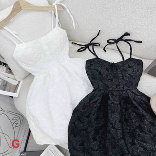 ĐẦM NỮ VẢI GẤM 2 DÂY CỘT XÒE CÓ MÚT NGỰC - AUSA HOUSE
