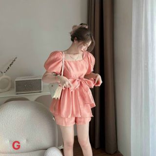 SET ÁO ĐẦM TIỂU THƯ BABY DOLL TAY PHỒNG VÁY XÒE THẮT NƠ PHỐI QUẦN - AUSA HOUSE