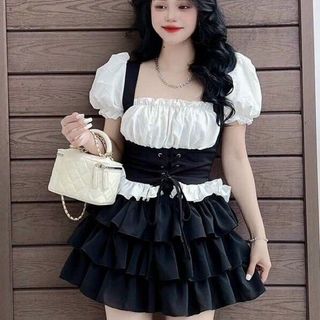 SET ĐỒ NỮ CHÂN VÁY BÈO NHÚM ĐA TẦNG PHỐI ÁO TAY PHỒNG DÂY CỘT RÚT EO - AUSA HOUSE
