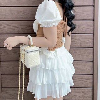 SET ĐỒ NỮ CHÂN VÁY BÈO NHÚM ĐA TẦNG PHỐI ÁO TAY PHỒNG DÂY CỘT RÚT EO - AUSA HOUSE