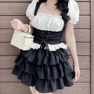 SET ĐỒ NỮ CHÂN VÁY BÈO NHÚM ĐA TẦNG PHỐI ÁO TAY PHỒNG DÂY CỘT RÚT EO - AUSA HOUSE