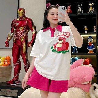 ĐỒ BỘ NỮ ÁO TAY LỠ QUẦN SHORT THUN GẤU HỒNG IN - AUSA HOUSE