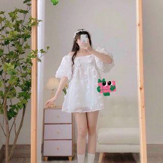 ĐẦM NỮ HOA VẢI VOAN 2 LỚP ĐÍNH LÔNG TƠ BẸT VAI - AUSA HOUSE