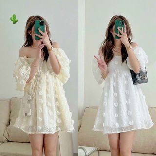 ĐẦM NỮ HOA VẢI VOAN 2 LỚP ĐÍNH LÔNG TƠ BẸT VAI - AUSA HOUSE