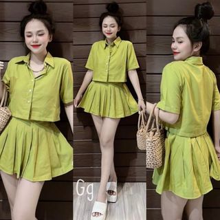 SET ÁO CROPTOP TAY LỠ  VÀ CHÂN VÁY XẾP LY - AUSA HOUSE